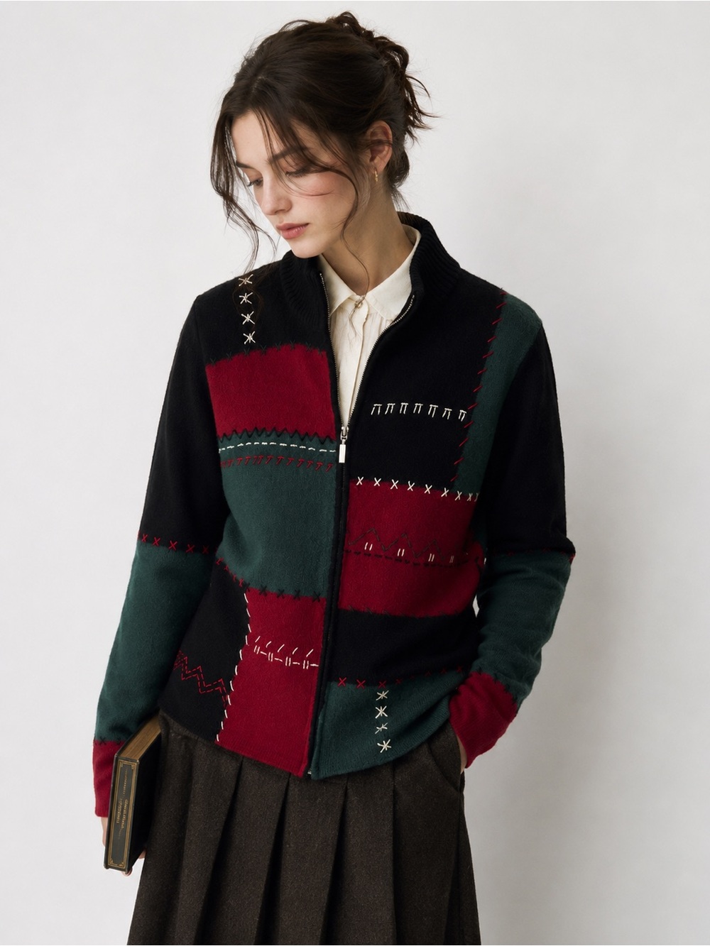 CLC Cricket Lane Vintage Wool Patchwork Zip Cardigan Sweater Red Green Black XL